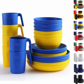 Berglander Plastic Dinnerware Sets 24pcs Service for 6, UKR Color Reusable Plates and Bowls Sets, Dish Set Include Dinner Plates, Dessert Plate, Cereal Bowls, Cups for Home, Garden, Picnic, Camping