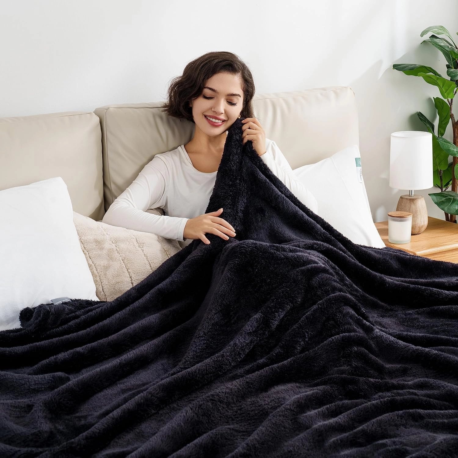 Berkshire Blanket Classic Extra-Fluffy™ Plush Blanket, Queen Size Bed Blanket, Soft Fuzzy Fluffy Long Hair Blanket for Couch Sofa Bed, Black, 90x90 Inches