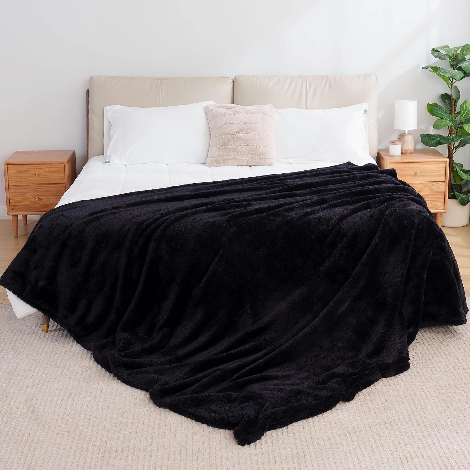 Berkshire Blanket Classic Extra-Fluffy™ Plush Blanket, Queen Size Bed Blanket, Soft Fuzzy Fluffy Long Hair Blanket for Couch Sofa Bed, Black, 90x90 Inches