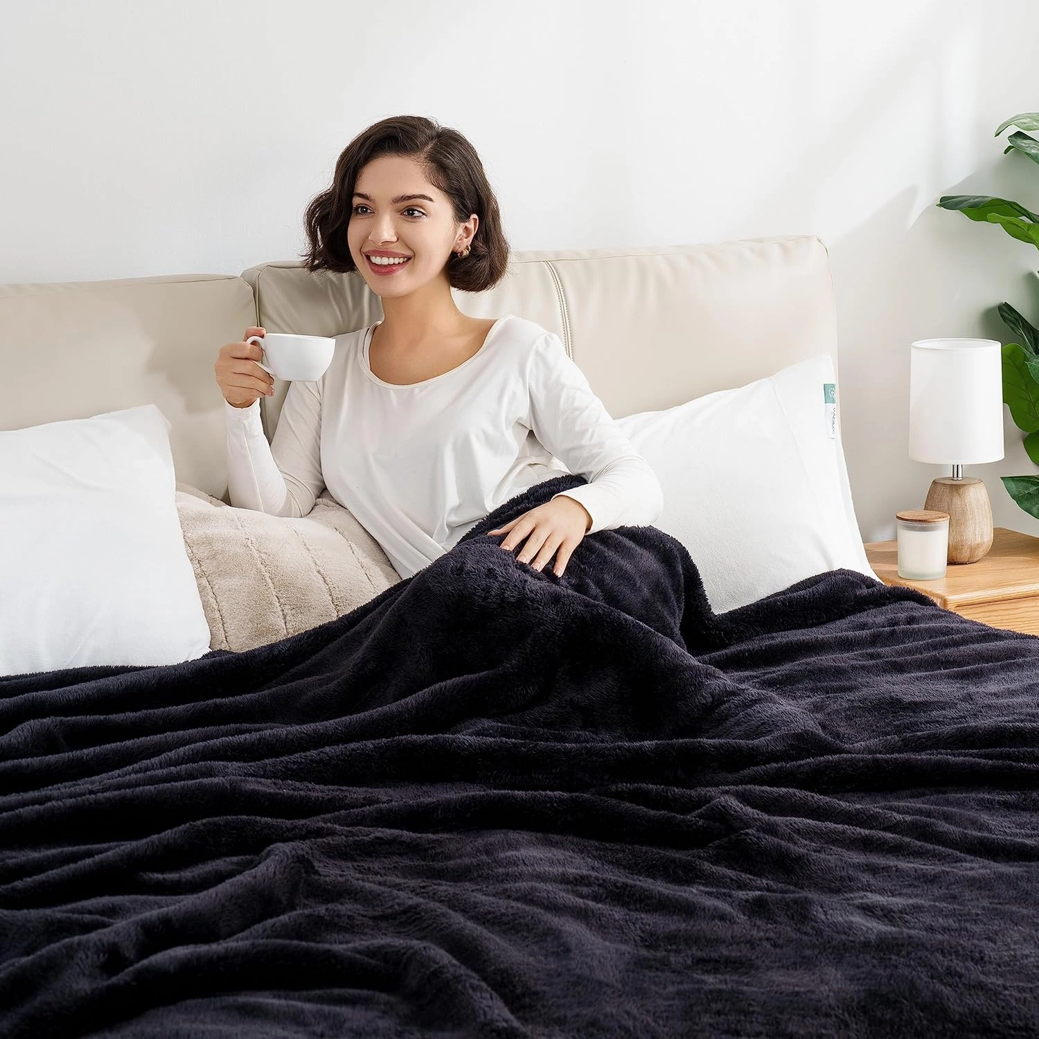 Berkshire Blanket Classic Extra-Fluffy™ Plush Blanket, Queen Size Bed Blanket, Soft Fuzzy Fluffy Long Hair Blanket for Couch Sofa Bed, Black, 90x90 Inches