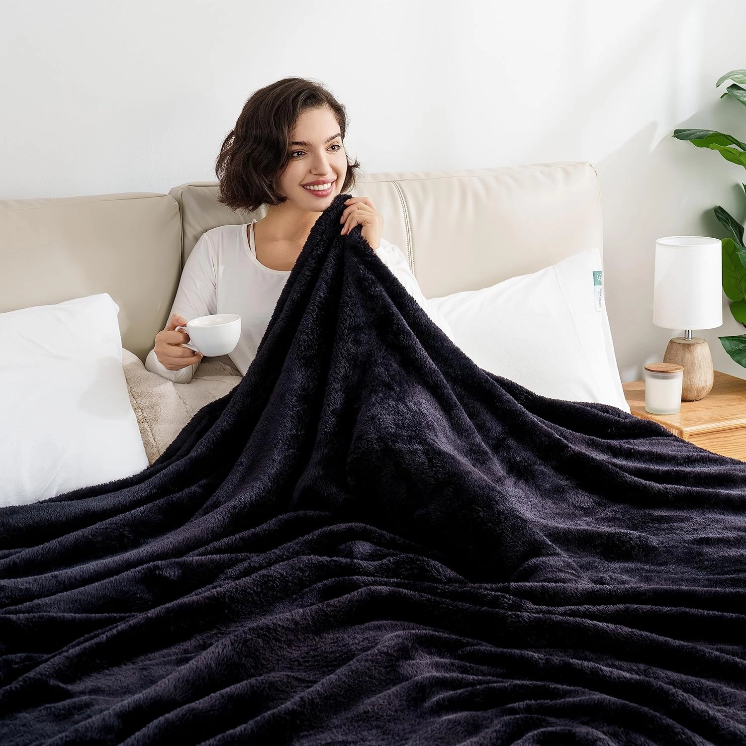 Berkshire Blanket Classic Extra-Fluffy™ Plush Blanket, Queen Size Bed Blanket, Soft Fuzzy Fluffy Long Hair Blanket for Couch Sofa Bed, Black, 90x90 Inches