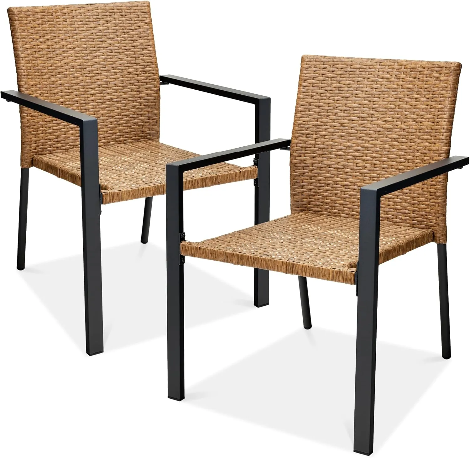 Best Choice Products Set of 2 Stackable Outdoor Wicker Dining Chairs All-Weather Firepit Armchair w/Armrests, Steel Frame for Patio, Deck, Garden, Yard - Natural