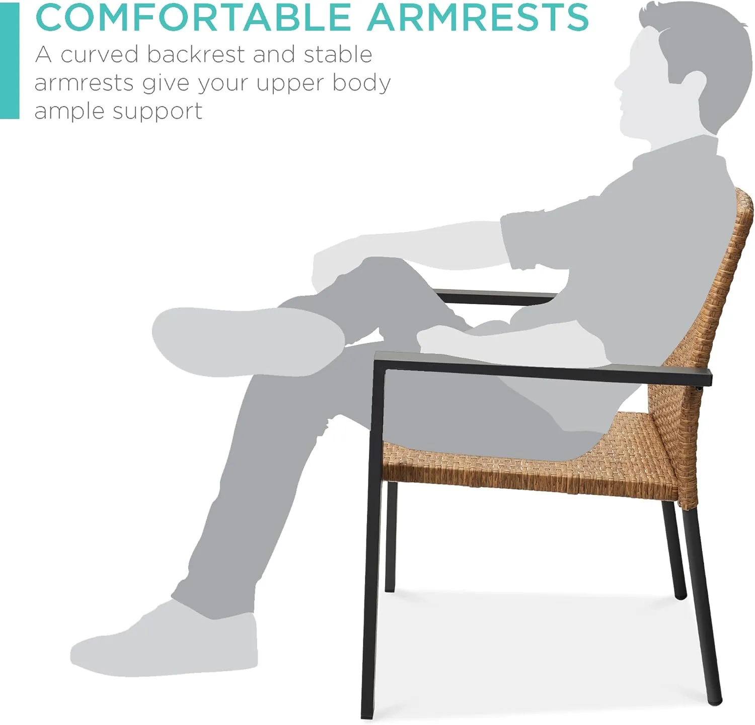 Best Choice Products Set of 2 Stackable Outdoor Wicker Dining Chairs All-Weather Firepit Armchair w/Armrests, Steel Frame for Patio, Deck, Garden, Yard - Natural