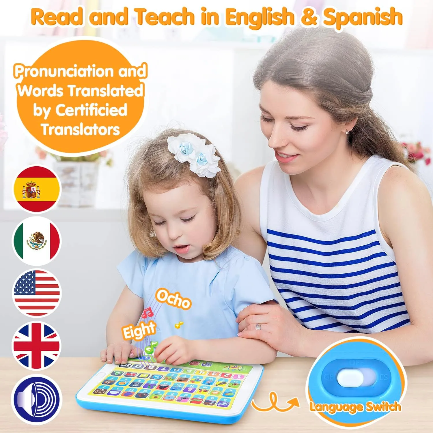 Bilingual Spanish & English Learning Toys for Toddlers 1-3, Kids Interactive Learning Tablet, Childrens Alphabet ABC / Words / Numbers / Colors Learning Pad, Education Toy for Babies 24 Month 