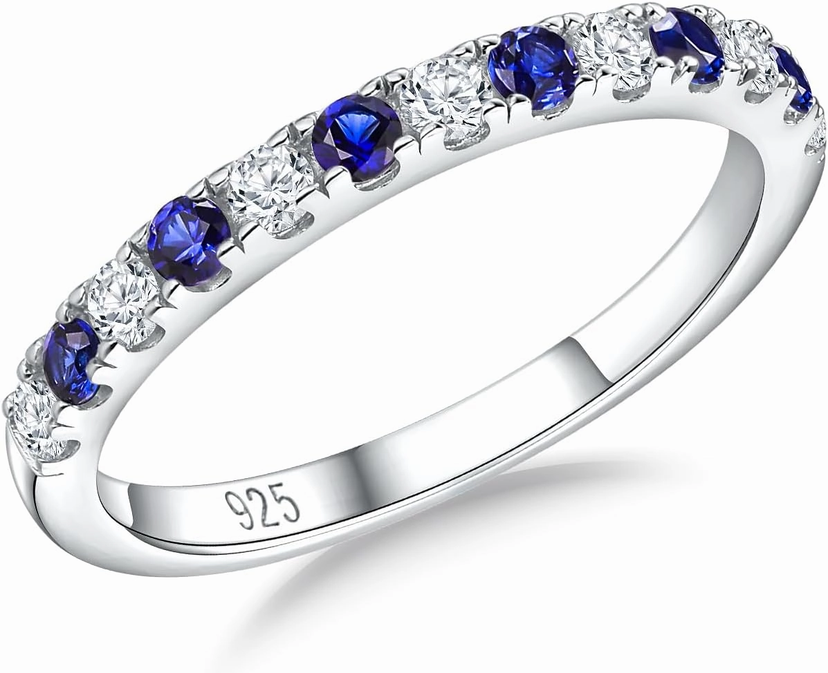 Birthstone Rings Eternity Band 925 Sterling Silver/Yellow Gold Created Gemstone Stackable Wedding Band Half Eternity Rings for Women Size 6 to 10