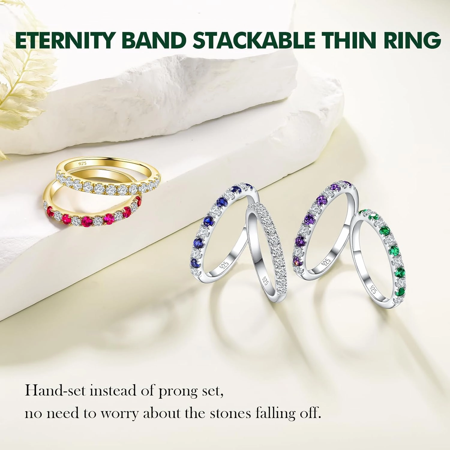 Birthstone Rings Eternity Band 925 Sterling Silver/Yellow Gold Created Gemstone Stackable Wedding Band Half Eternity Rings for Women Size 6 to 10
