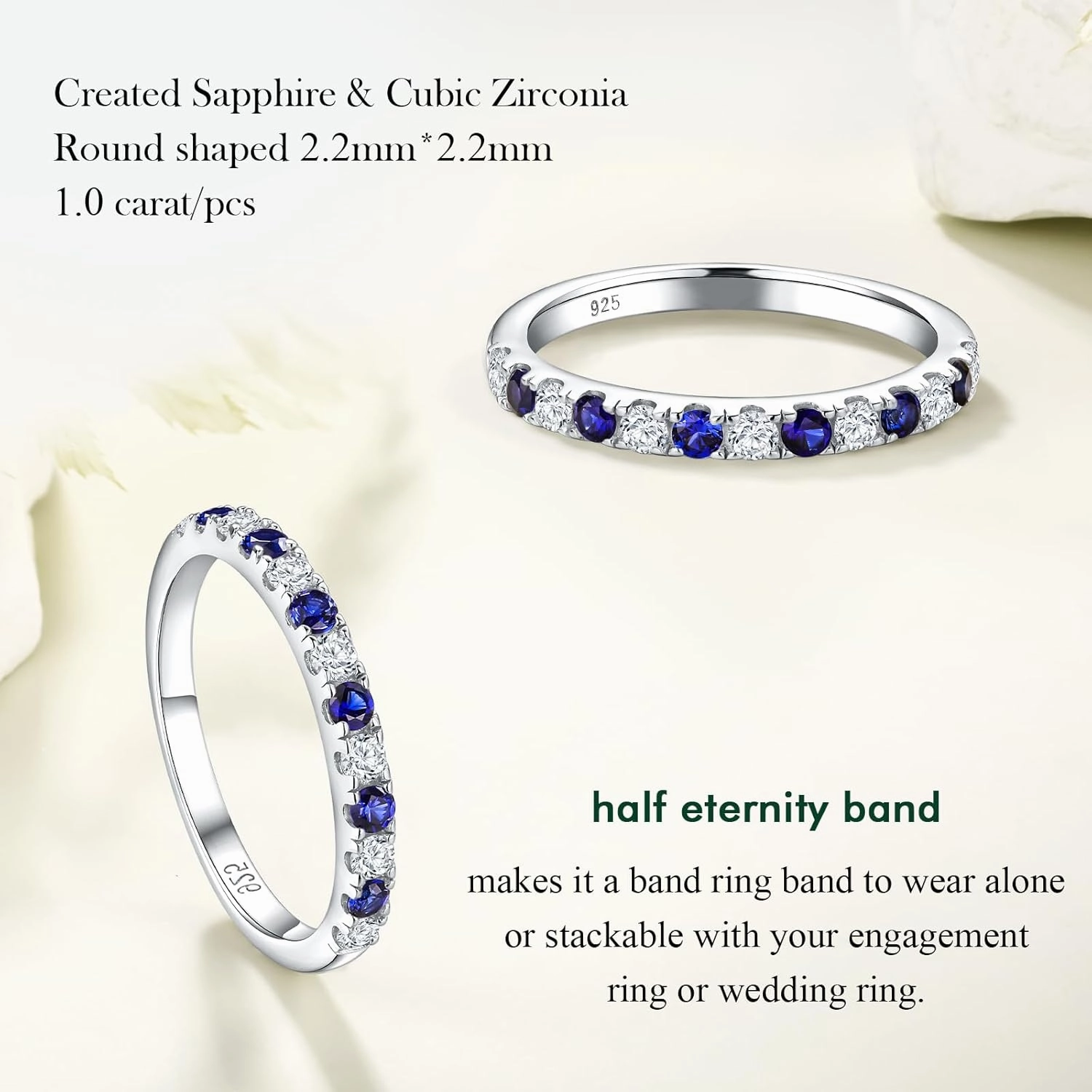 Birthstone Rings Eternity Band 925 Sterling Silver/Yellow Gold Created Gemstone Stackable Wedding Band Half Eternity Rings for Women Size 6 to 10