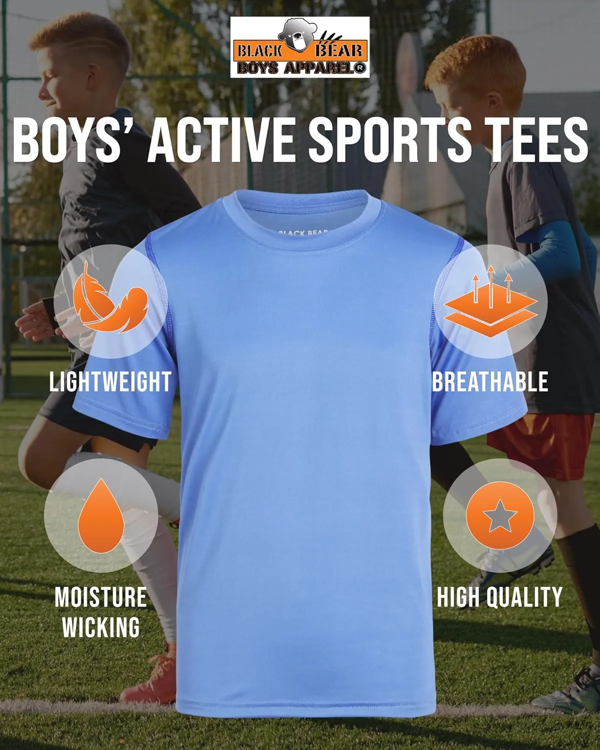 Black Bear Boys Youth Dry Fit T-Shirt - 4 Pack Active Athletic Performance Short Sleeve Shirts for Teens (Sizes: 4-18)