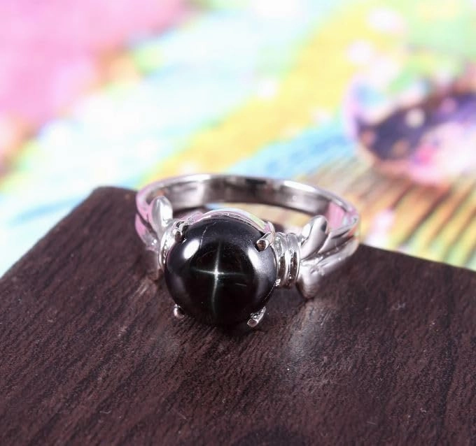 Black Star Sapphire Ring Gemstone Handmade 925 Sterling Silver Ring Stackable Engagement Rings