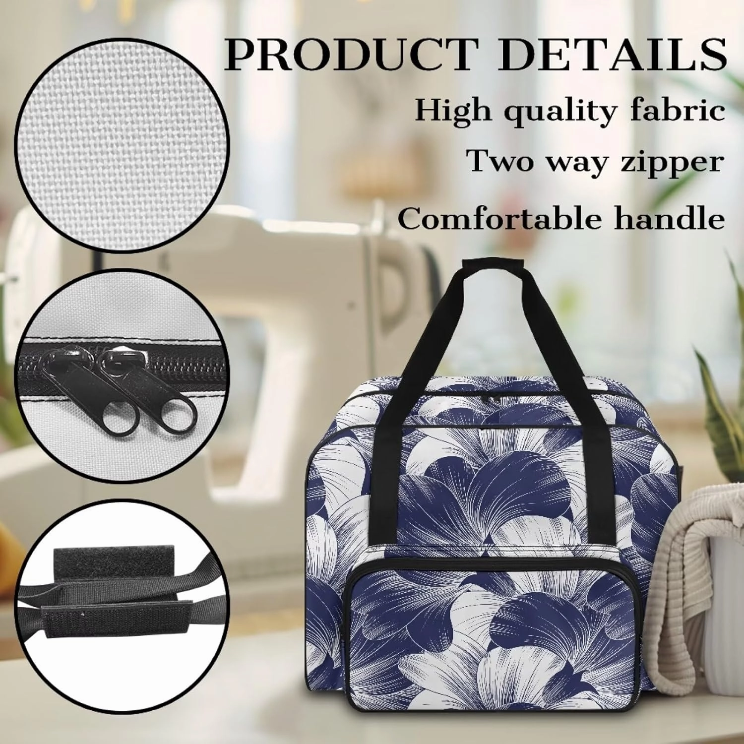 Blue Floral Sewing Machine Handbag Two Way Zipper Carrying Travel Storage Carrier Sewing Bag with Handle Sewing Box Storage Bag Compatible with Most Standard Singer, Brother