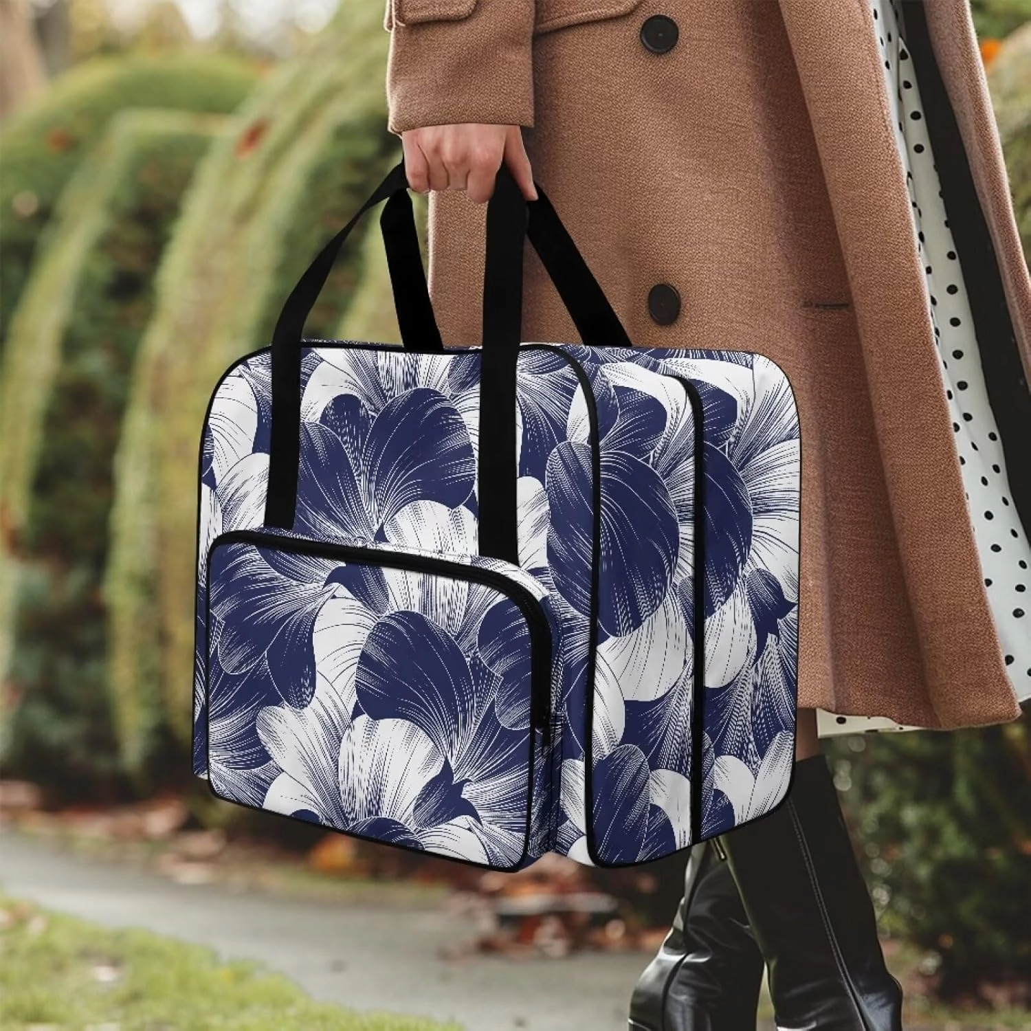 Blue Floral Sewing Machine Handbag Two Way Zipper Carrying Travel Storage Carrier Sewing Bag with Handle Sewing Box Storage Bag Compatible with Most Standard Singer, Brother