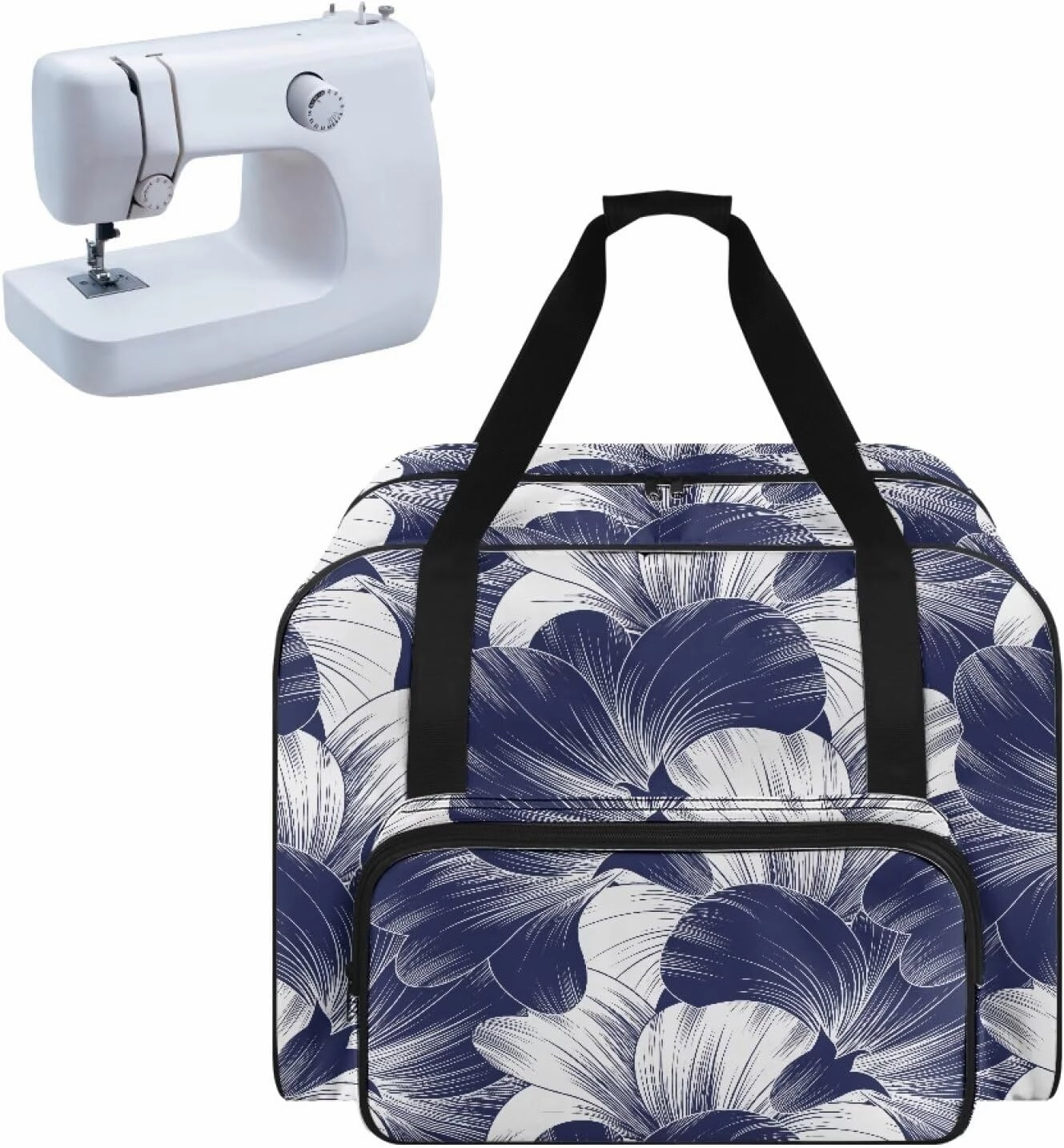 Blue Floral Sewing Machine Handbag Two Way Zipper Carrying Travel Storage Carrier Sewing Bag with Handle Sewing Box Storage Bag Compatible with Most Standard Singer, Brother
