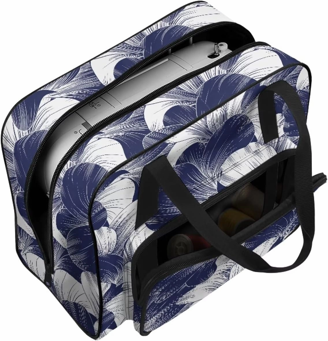 Blue Floral Sewing Machine Handbag Two Way Zipper Carrying Travel Storage Carrier Sewing Bag with Handle Sewing Box Storage Bag Compatible with Most Standard Singer, Brother