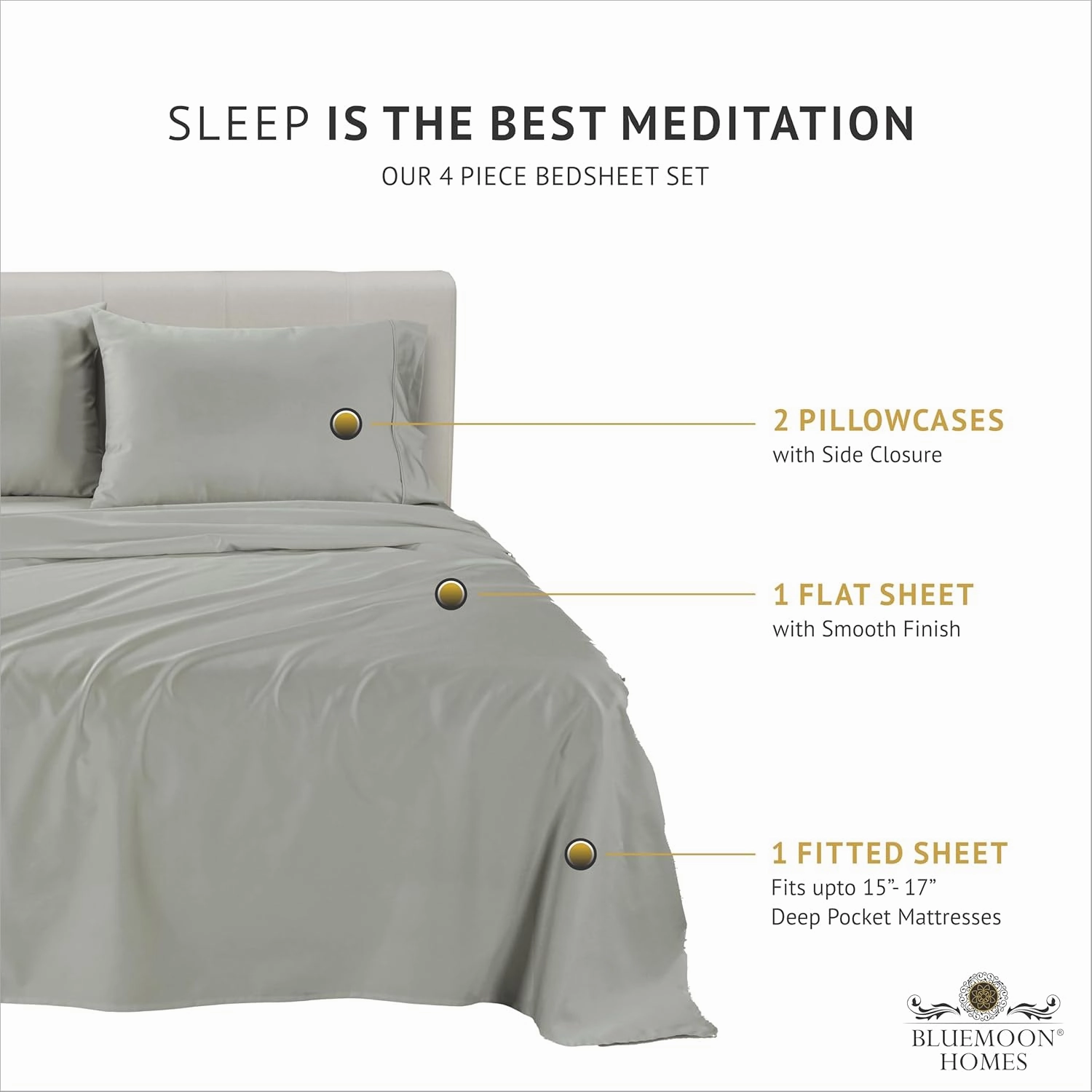 Bluemoon Homes 1000 Thread Count Egyptian Cotton Sheets - Luxury King Size Sheet Set, 4Pc Sateen Weave, 18" Deep Pocket, Light Grey