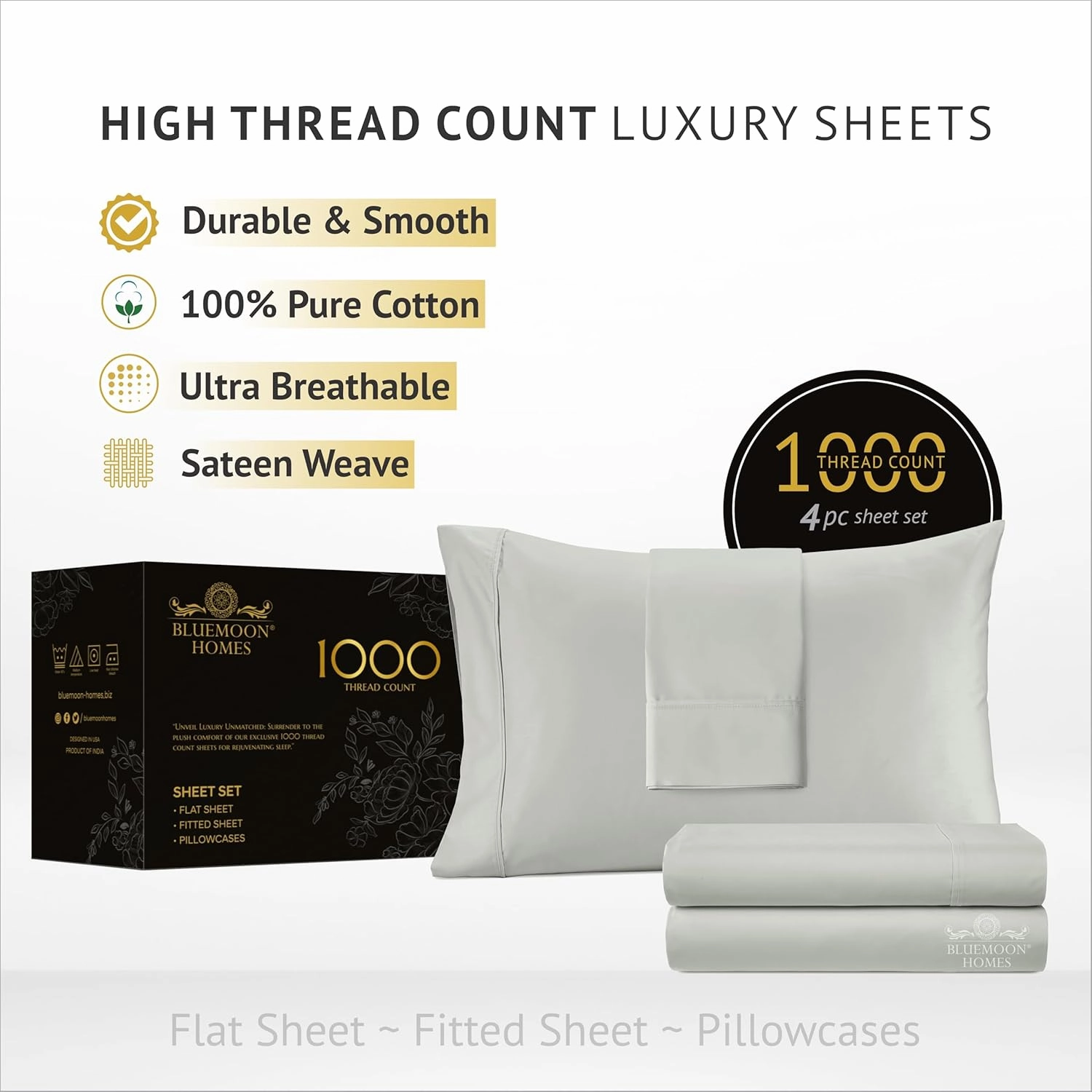 Bluemoon Homes 1000 Thread Count Egyptian Cotton Sheets - Luxury King Size Sheet Set, 4Pc Sateen Weave, 18" Deep Pocket, Light Grey