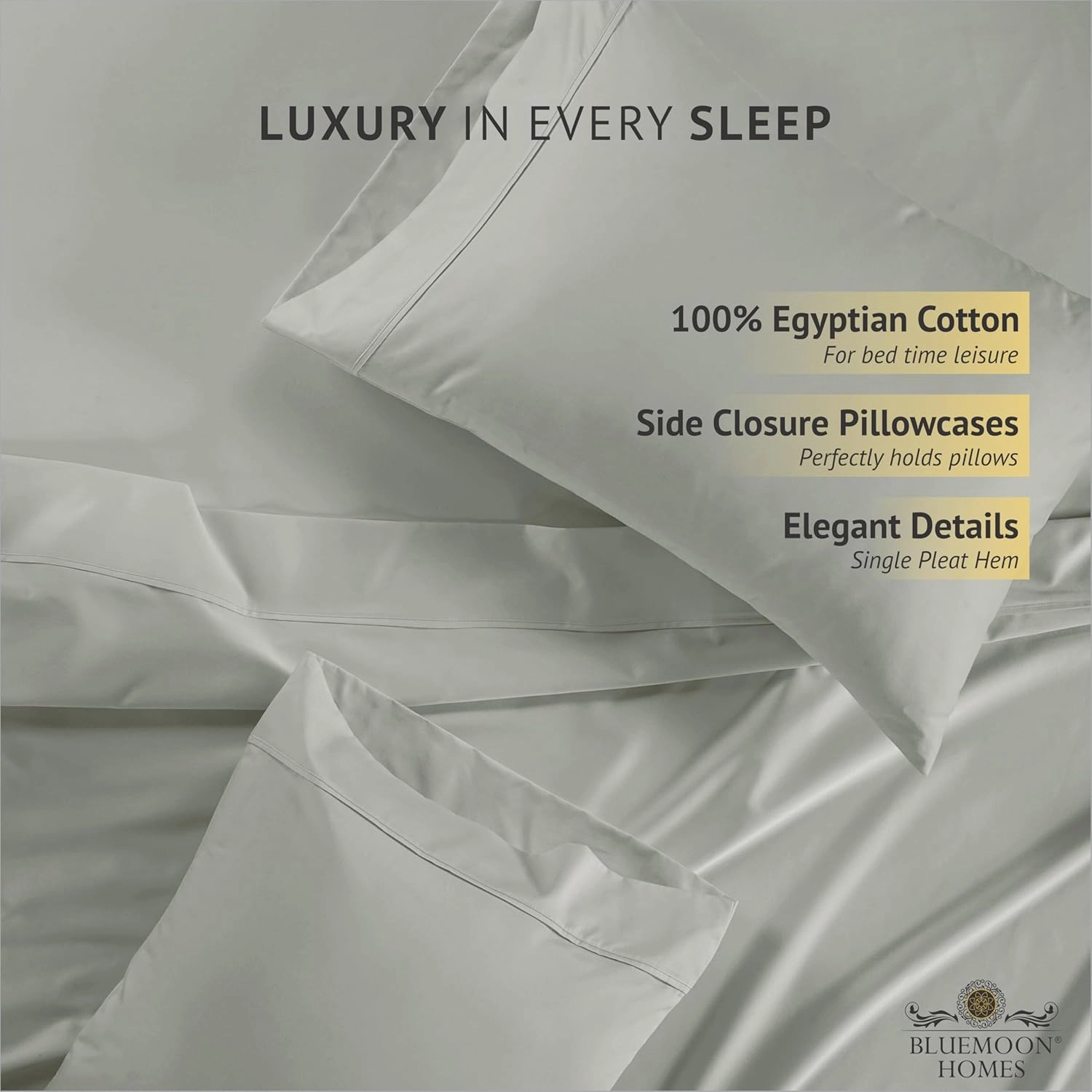 Bluemoon Homes 1000 Thread Count Egyptian Cotton Sheets - Luxury King Size Sheet Set, 4Pc Sateen Weave, 18" Deep Pocket, Light Grey