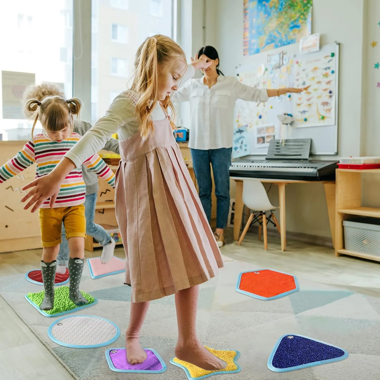 BOAO 8 Set Mini Sensory Mats Assorted Textured Play Mats Sensory Floor Tiles Educational Tactile Toys for Activity(8.7 Inch,Irregular)