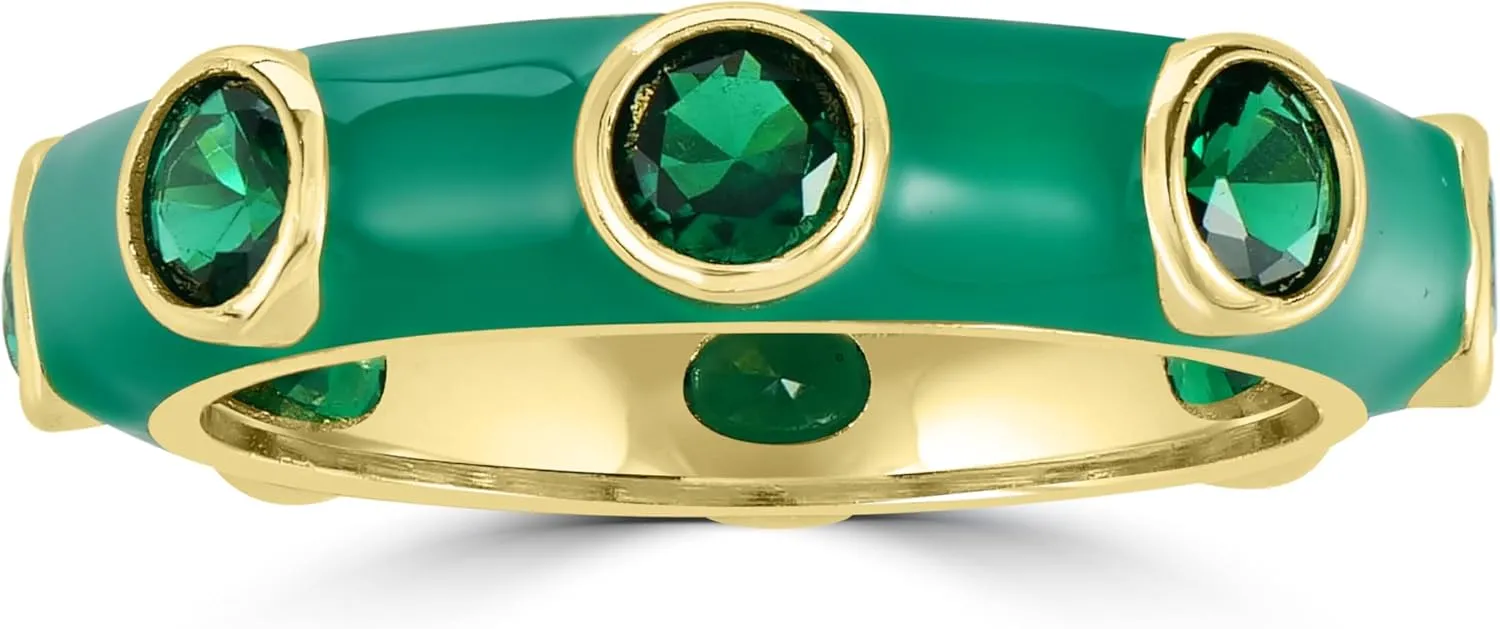 Bob Mackie Jewelry Gold over Brass Emerald Green Enamel Green Cubic Zirconia Band Ring, Size 6
