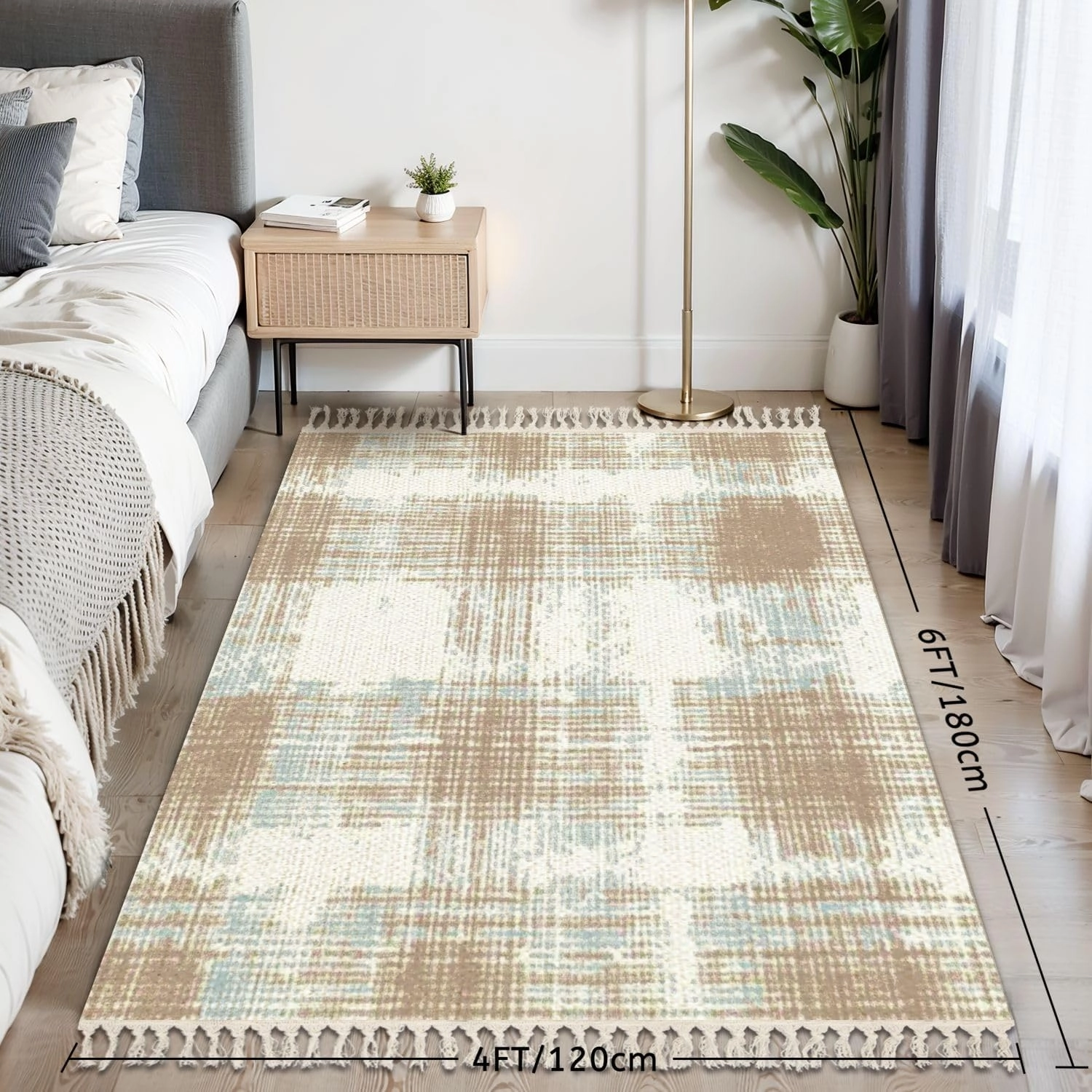Boho Area Rugs Camel beige trend seamless lines plaid washed texture seamless pattern Washable Rug Nursery Rug Girl Softness Non Slip Nursery Rugs Neutral home decor for living room Bedroom Daycare