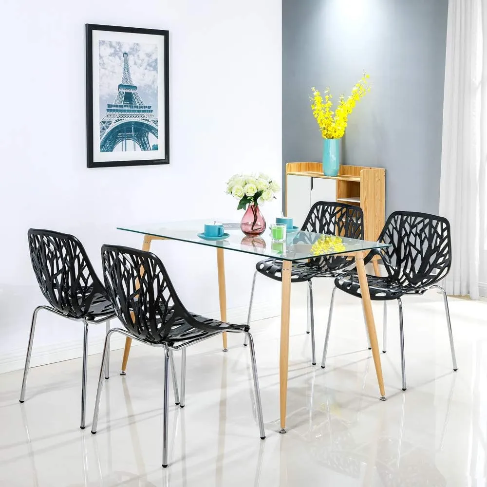 Bonnlo Modern Stackable Dining Chair Set of 4, Black, Plastic Birch Sapling Chairs for Dining Room, Living Room, Office