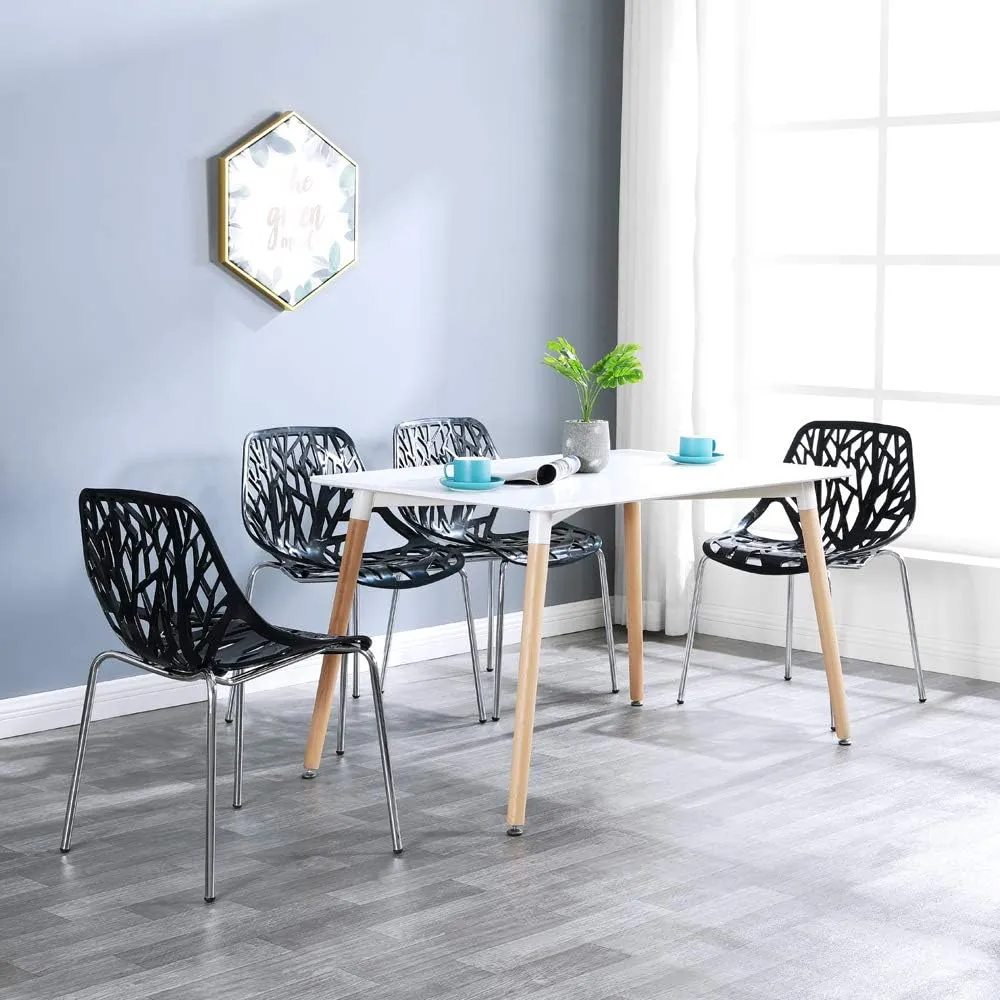 Bonnlo Modern Stackable Dining Chair Set of 4, Black, Plastic Birch Sapling Chairs for Dining Room, Living Room, Office