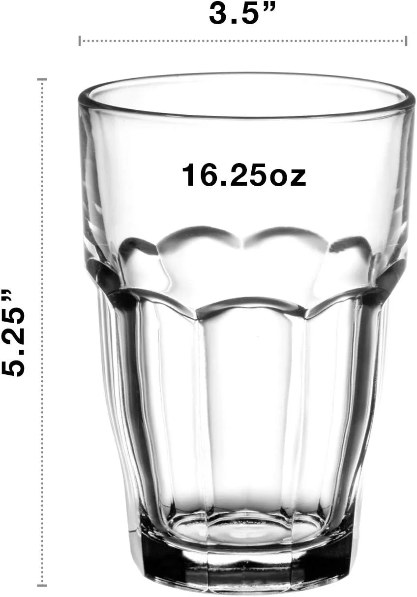 Bormioli Rocco Rock Bar Stackable Beverage, Set Of 6 Dishwasher Safe Drinking Glasses For Soda, Juice, Milk, Coke, Beer, Spirits – 16.25oz Durable Tempered Glass Water Tumblers For Daily Use
