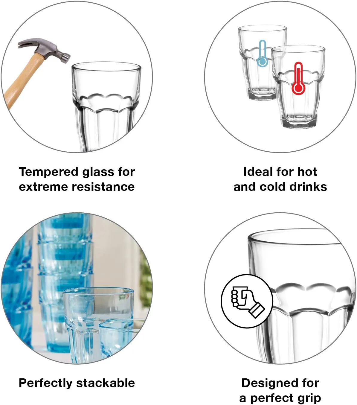 Bormioli Rocco Rock Bar Stackable Beverage, Set Of 6 Dishwasher Safe Drinking Glasses For Soda, Juice, Milk, Coke, Beer, Spirits – 16.25oz Durable Tempered Glass Water Tumblers For Daily Use