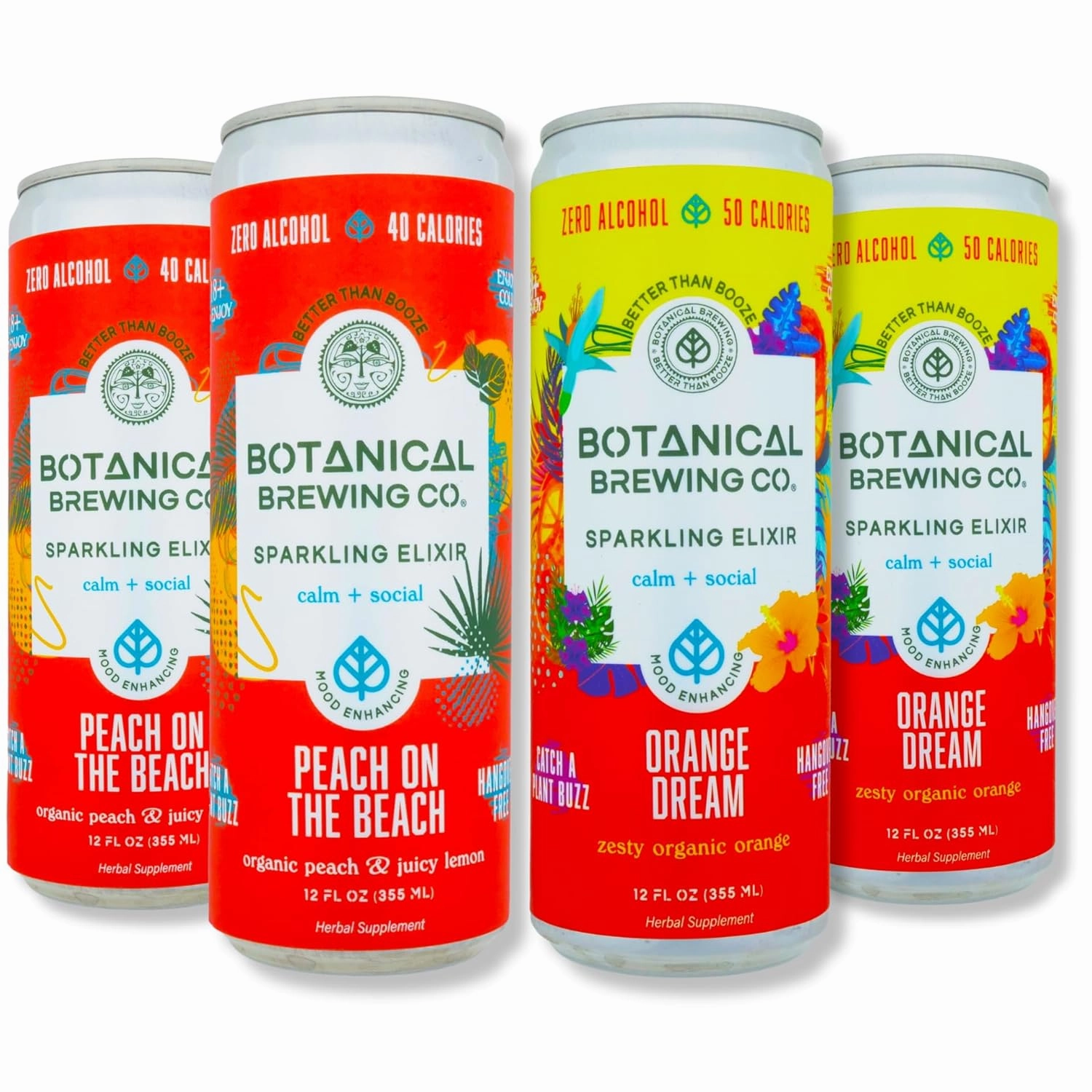 Botanical Brewing Peach & Orange Mix Duo - Kava Drink with Kava Root Extract | Refreshing & Sparkling Kava Seltzer | Alcohol-Free, Vegan & Low-Calorie Naturally Sweetened Agave 12 Fl oz Cans, 4-Pack