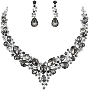 BriLove Women's Wedding Bridal Austrian Crystal Teardrop Cluster Statement Necklace Dangle Earrings Jewelry Set