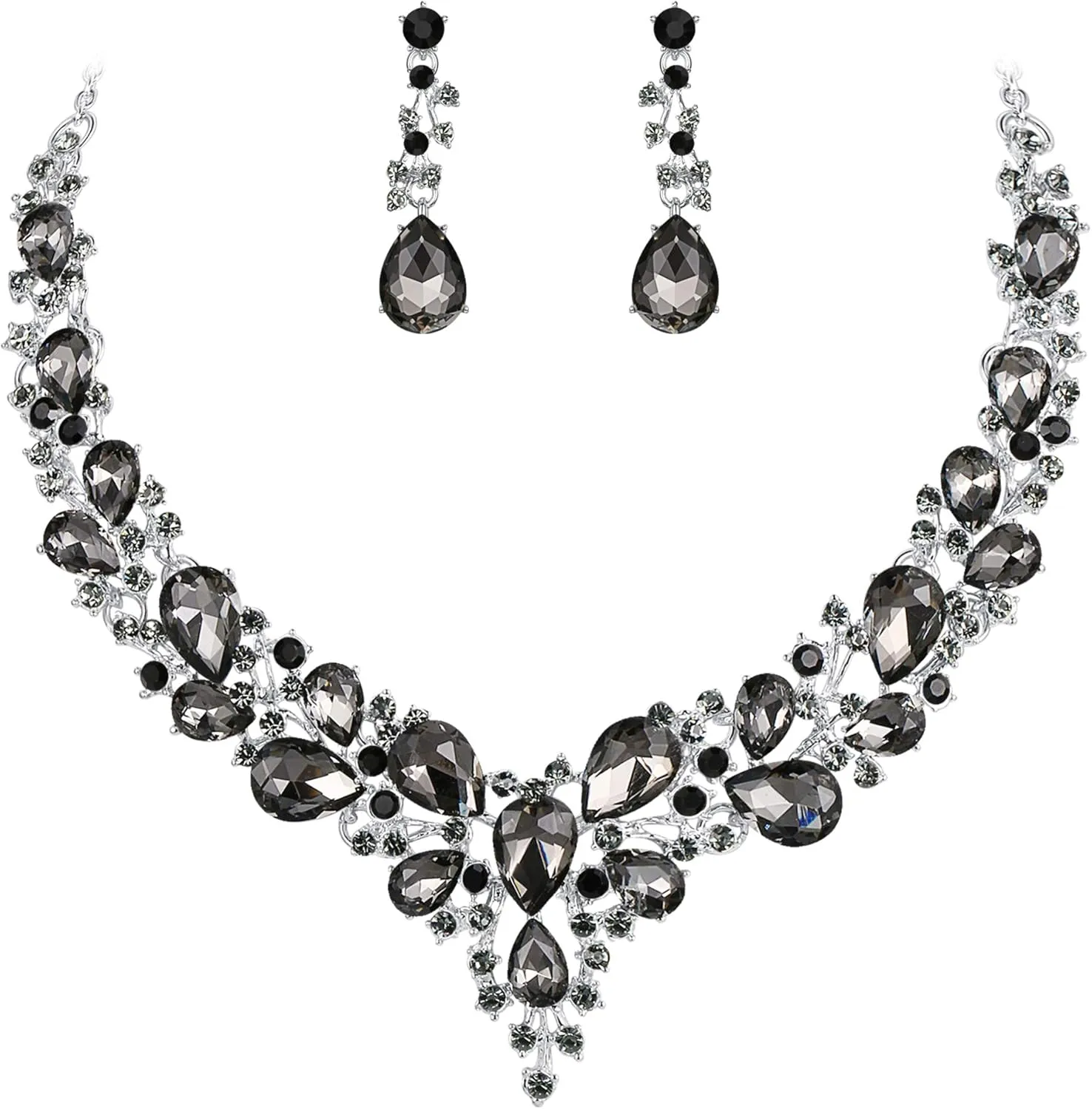 BriLove Women's Wedding Bridal Austrian Crystal Teardrop Cluster Statement Necklace Dangle Earrings Jewelry Set