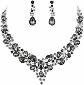 BriLove Women's Wedding Bridal Austrian Crystal Teardrop Cluster Statement Necklace Dangle Earrings Jewelry Set