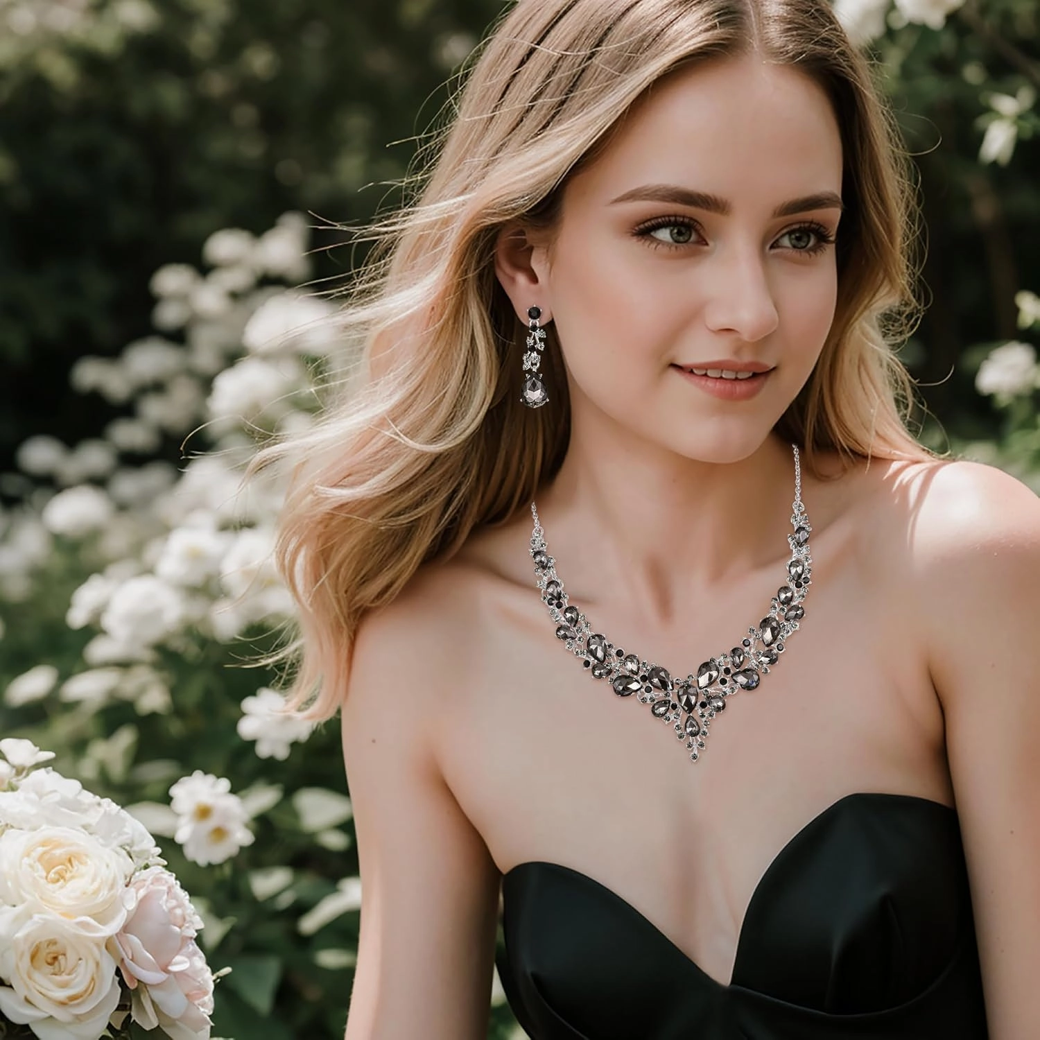 BriLove Women's Wedding Bridal Austrian Crystal Teardrop Cluster Statement Necklace Dangle Earrings Jewelry Set
