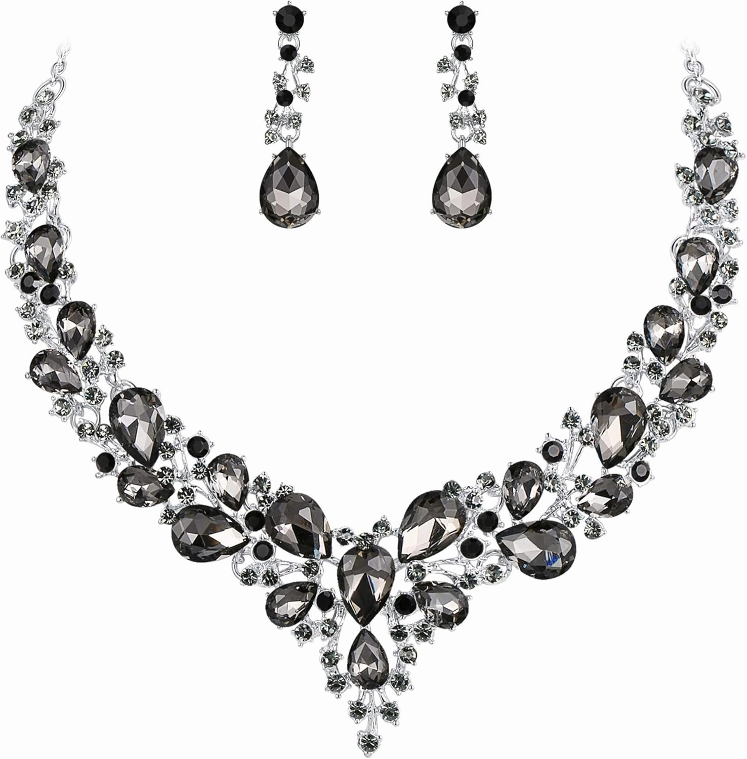 BriLove Women's Wedding Bridal Austrian Crystal Teardrop Cluster Statement Necklace Dangle Earrings Jewelry Set