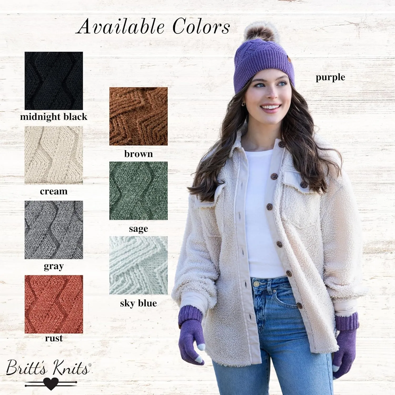 Britt's Knits Womens Stylish Warm Knit Mainstay Plush-Lined Pom Pom Cold Weather Hat