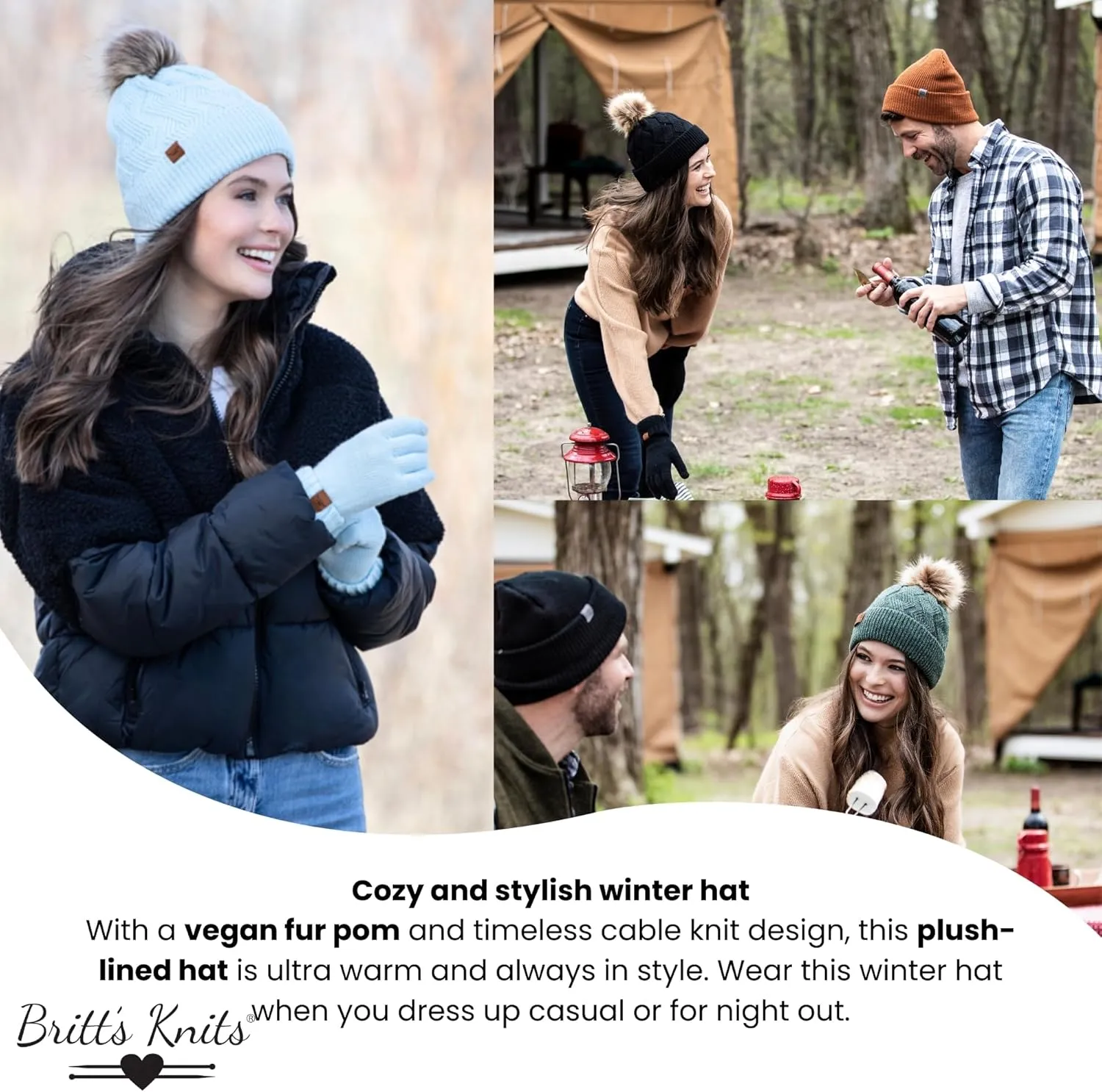 Britt's Knits Womens Stylish Warm Knit Mainstay Plush-Lined Pom Pom Cold Weather Hat