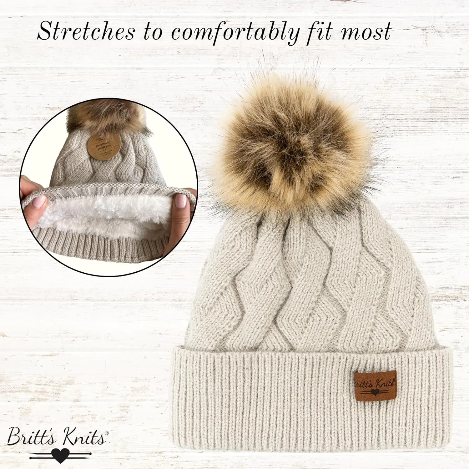 Britt's Knits Womens Stylish Warm Knit Mainstay Plush-Lined Pom Pom Cold Weather Hat