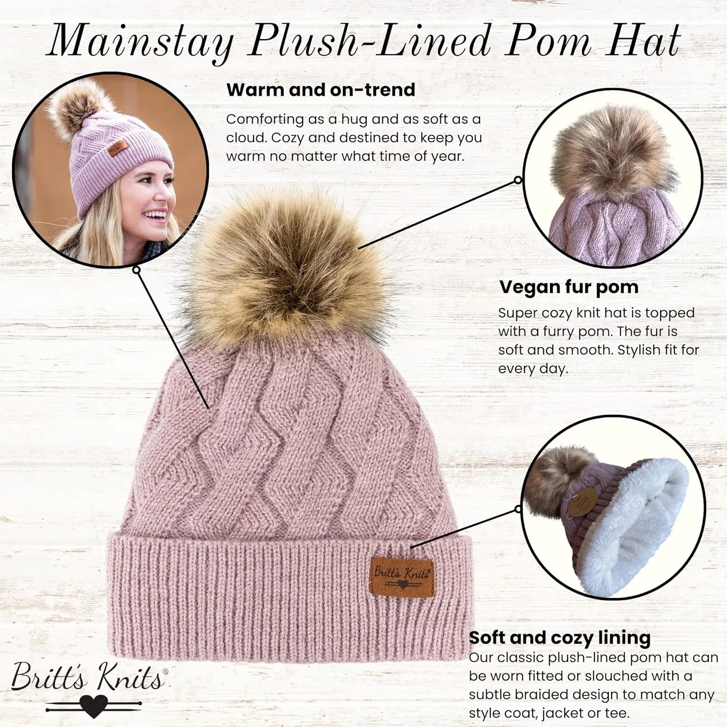 Britt's Knits Womens Stylish Warm Knit Mainstay Plush-Lined Pom Pom Cold Weather Hat