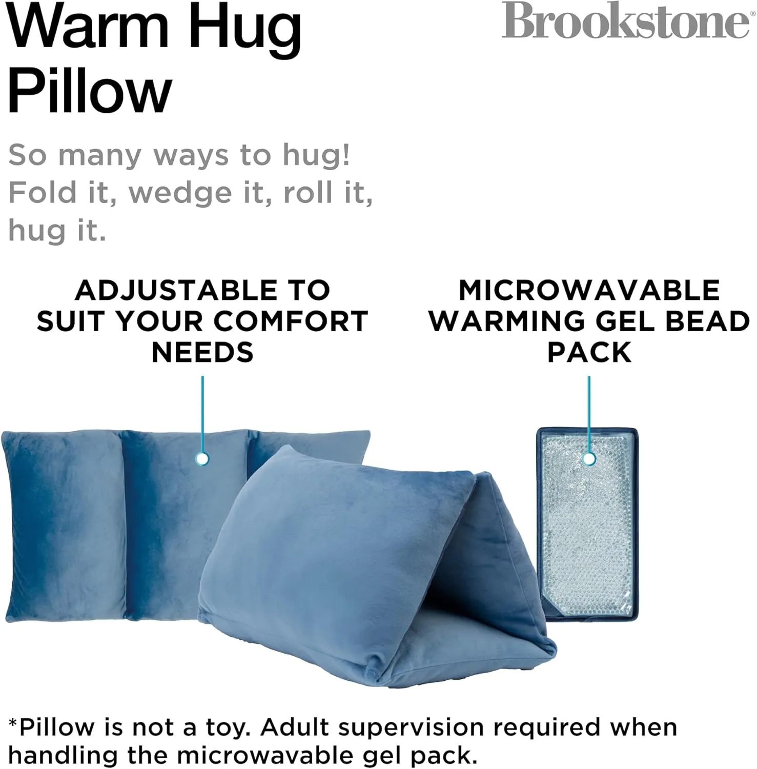 Brookstone HUG'ZZZ Soft Pillow - Microwaveable Gel Pack for Warming Sensation, Comfort & Support - Fold, Roll, or Wedge Pillow for Sitting, Napping, or Hugging Ideas