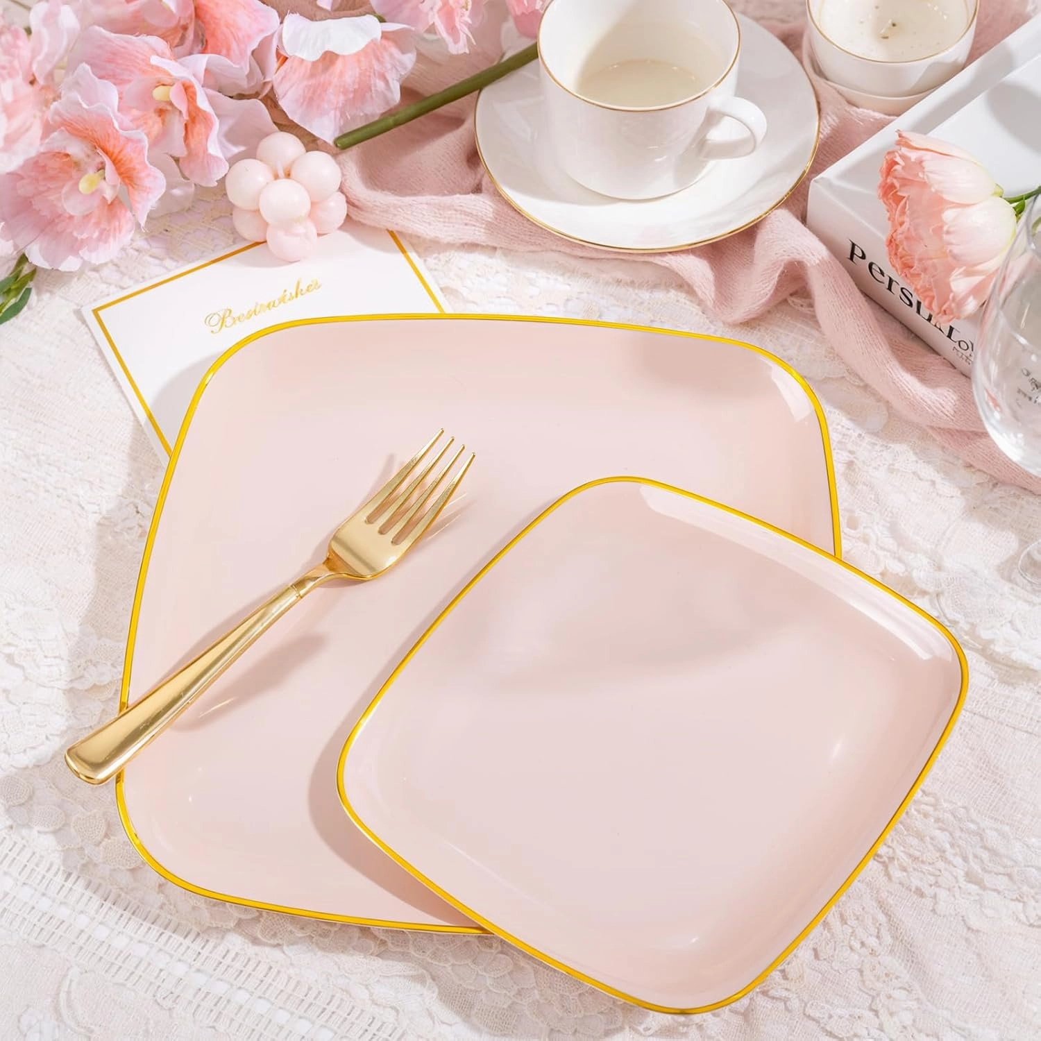 bUCLA 50PCS Pink and Gold Plastic Plates - Heavy Duty Square Pink Disposable - Include 25 Dinner & 25 Dessert Plates for Party & Wedding