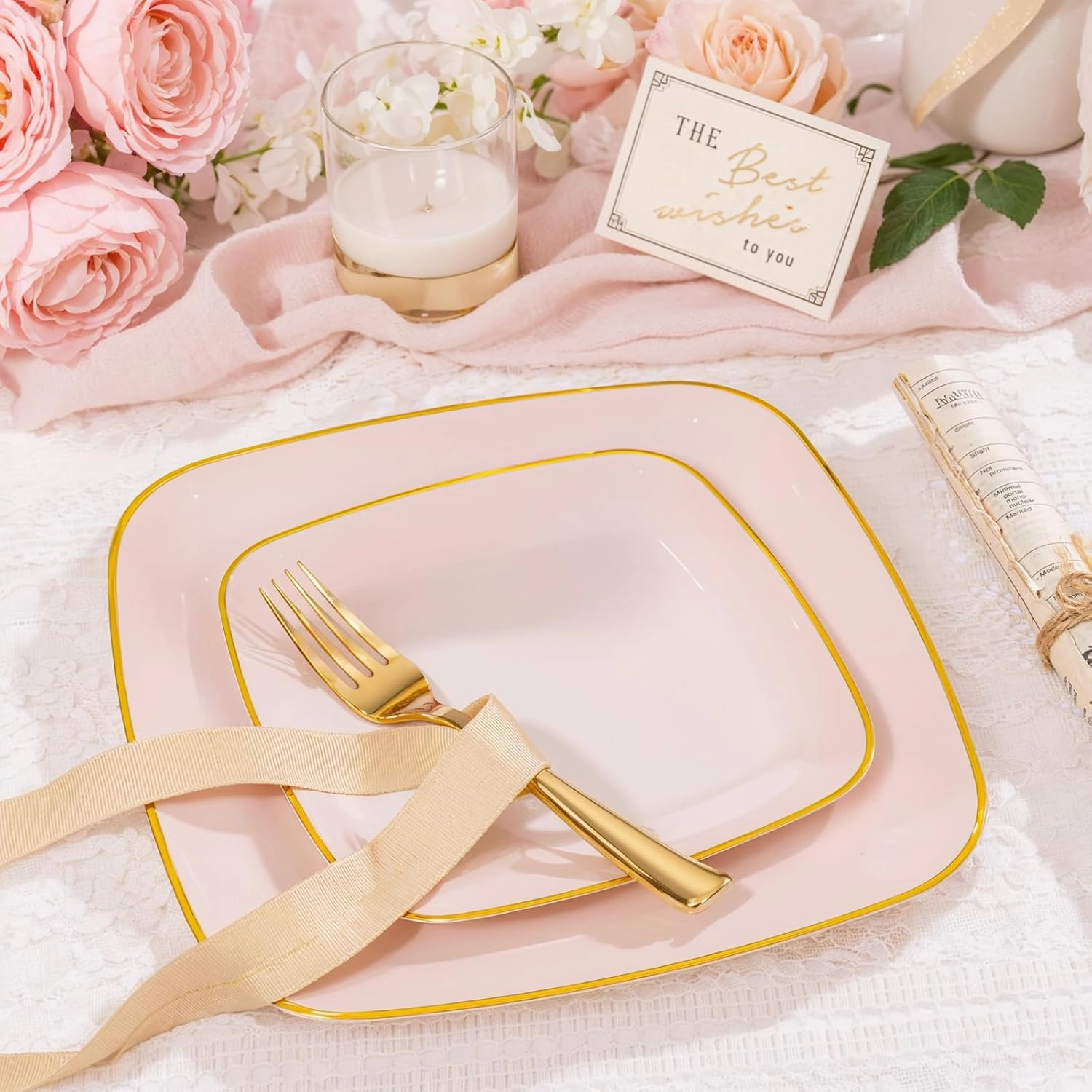 bUCLA 50PCS Pink and Gold Plastic Plates - Heavy Duty Square Pink Disposable - Include 25 Dinner & 25 Dessert Plates for Party & Wedding