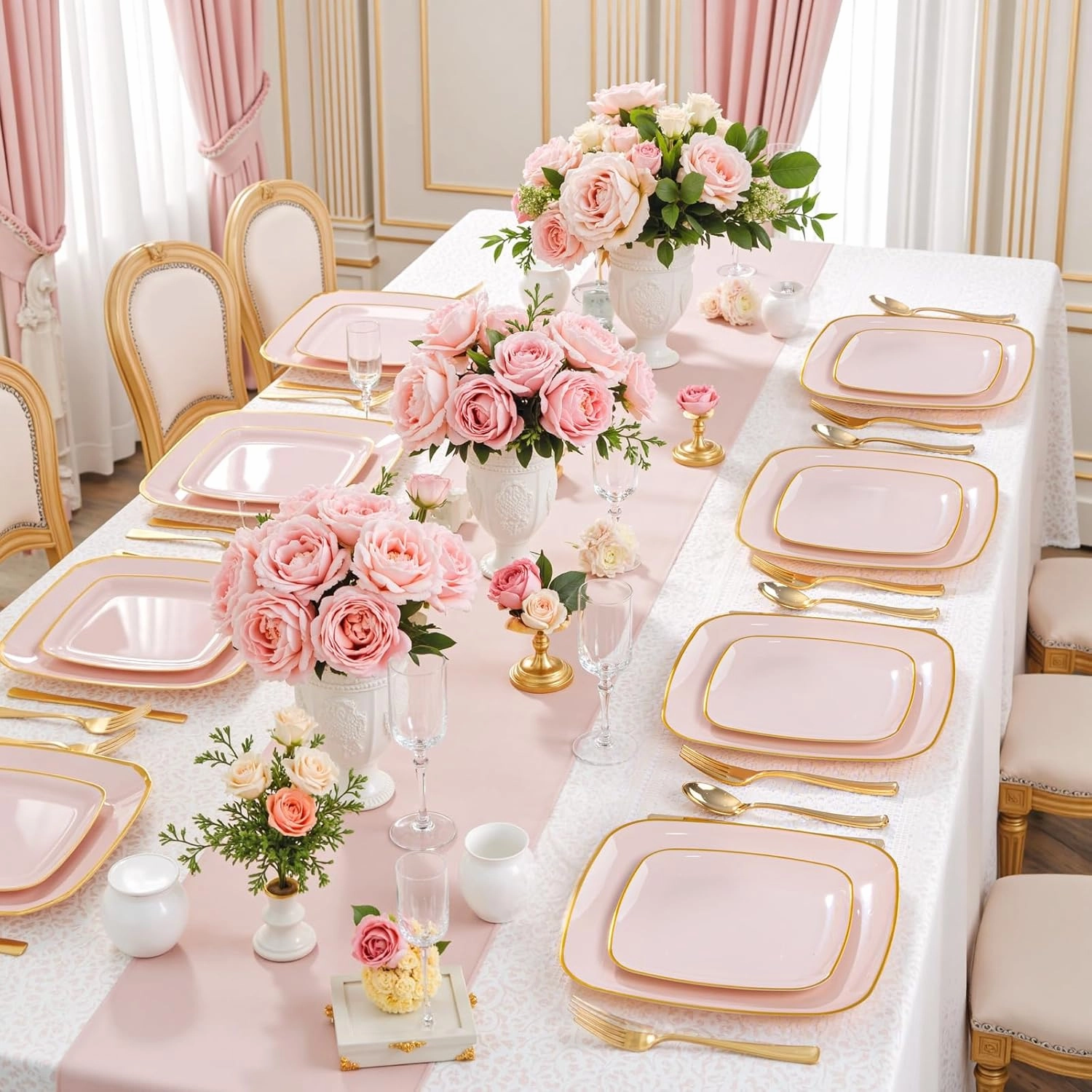 bUCLA 50PCS Pink and Gold Plastic Plates - Heavy Duty Square Pink Disposable - Include 25 Dinner & 25 Dessert Plates for Party & Wedding