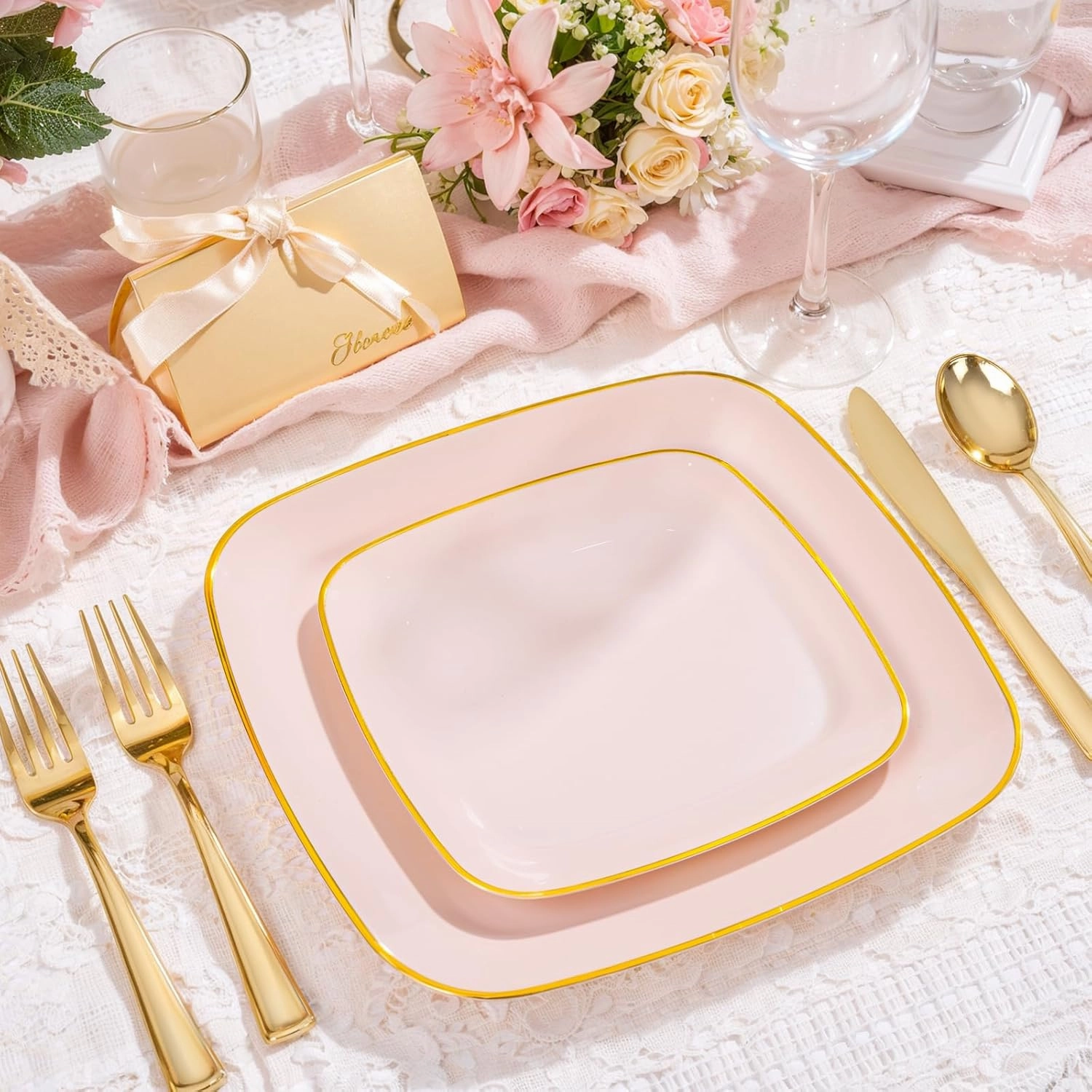 bUCLA 50PCS Pink and Gold Plastic Plates - Heavy Duty Square Pink Disposable - Include 25 Dinner & 25 Dessert Plates for Party & Wedding