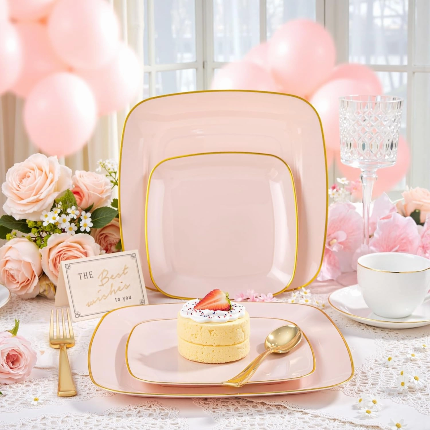 bUCLA 50PCS Pink and Gold Plastic Plates - Heavy Duty Square Pink Disposable - Include 25 Dinner & 25 Dessert Plates for Party & Wedding