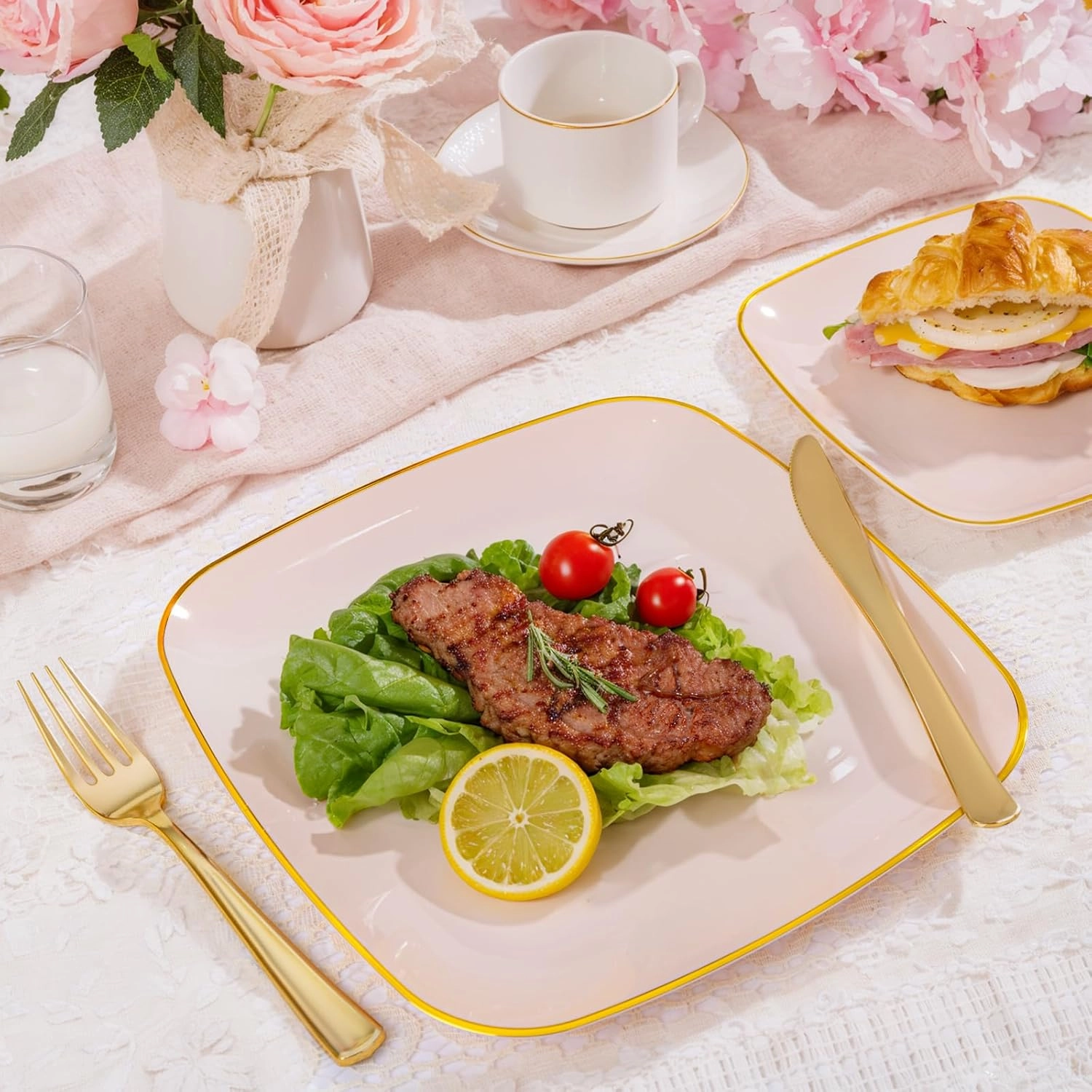 bUCLA 50PCS Pink and Gold Plastic Plates - Heavy Duty Square Pink Disposable - Include 25 Dinner & 25 Dessert Plates for Party & Wedding