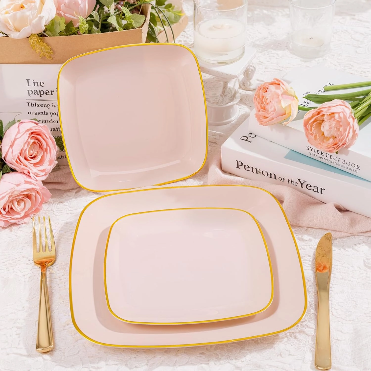 bUCLA 50PCS Pink and Gold Plastic Plates - Heavy Duty Square Pink Disposable - Include 25 Dinner & 25 Dessert Plates for Party & Wedding