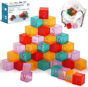 Building Blocks for Toddlers, 40 PCS 1.3inches Acrylic ABC and Number Stacking Blocks Toys for Kids with Color ID Cards, Alphabet Learning and Educational STEM Toy for Boys Girls Gifts 3 4 5 6