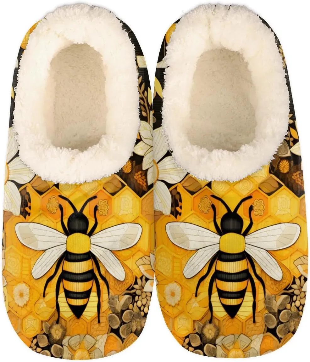 Bumblebee House Slippers for Women Men Indoor Fuzzy Yellow Bumble Bee Slippers Closed Back Bedroom Shoes Lightweight Cozy Non-slip Home Slippers