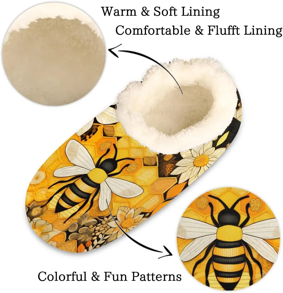 Bumblebee House Slippers for Women Men Indoor Fuzzy Yellow Bumble Bee Slippers Closed Back Bedroom Shoes Lightweight Cozy Non-slip Home Slippers