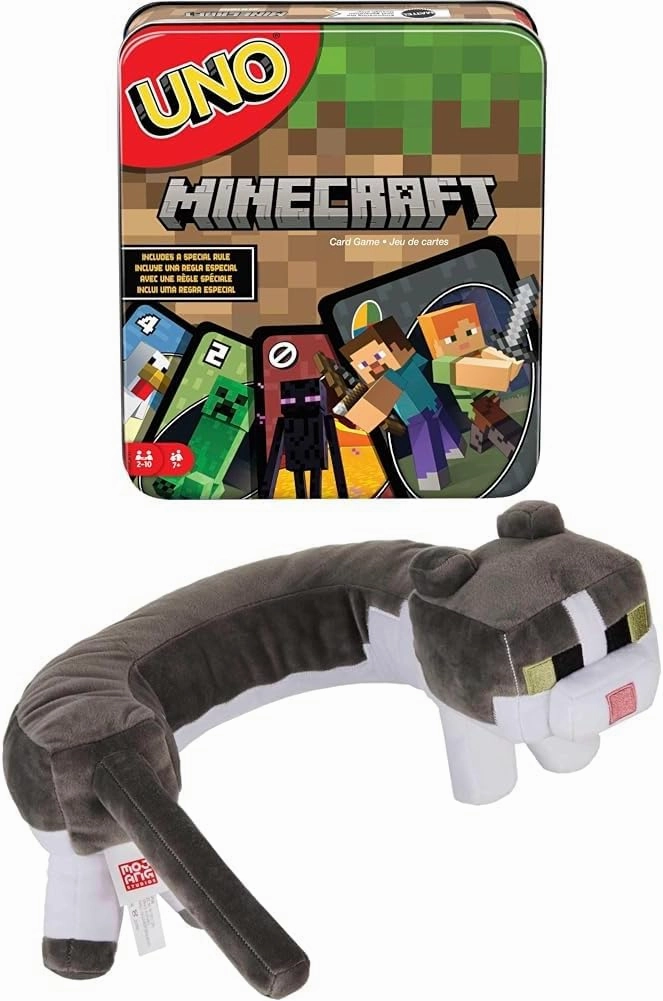 Bundle of Mattel Games UNO Minecraft Card Game with Minecraft-Themed Graphics in a Collectible Tin (Amazon Exclusive)   Mattel Minecraft Purring Sounds Neck Pillow, Cat Plush Toy with Sound