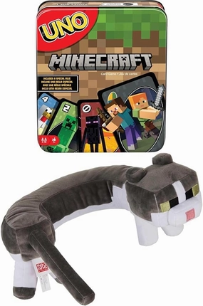 Bundle of Mattel Games UNO Minecraft Card Game with Minecraft-Themed Graphics in a Collectible Tin (Amazon Exclusive)   Mattel Minecraft Purring Sounds Neck Pillow, Cat Plush Toy with Sound